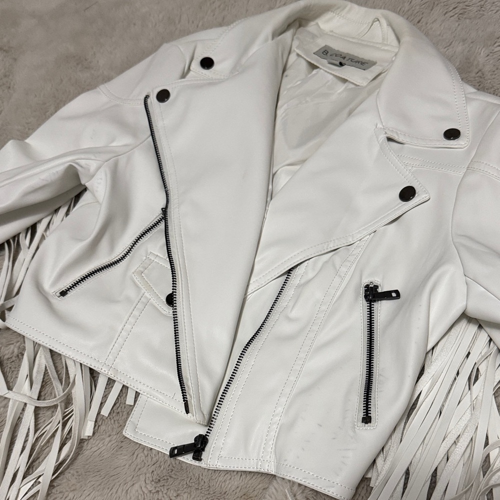 Faux Leather Fringe White Moto Jacket - M - Picture 3 of 16